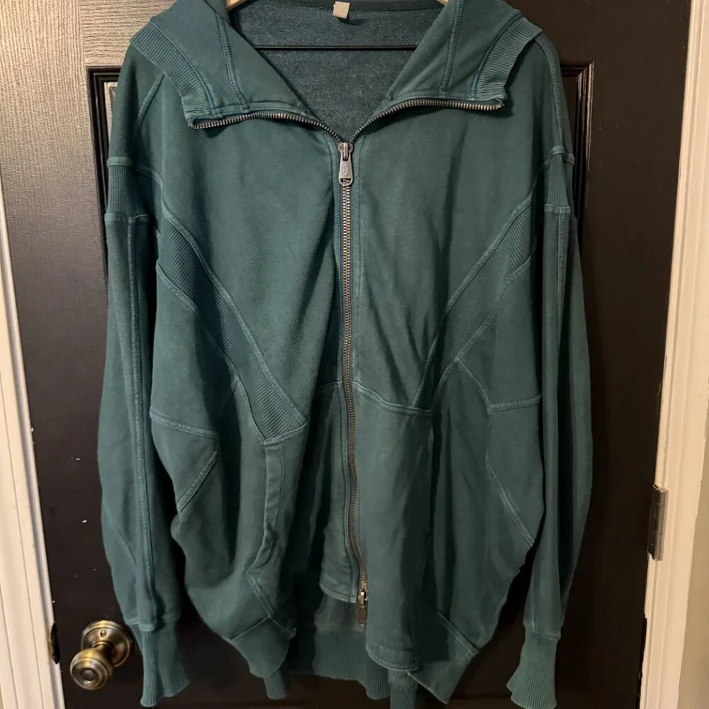 Free People Oversized Sweatshirt Zippered Hoodie Dark Blue Green Small - Picture 2 of 6